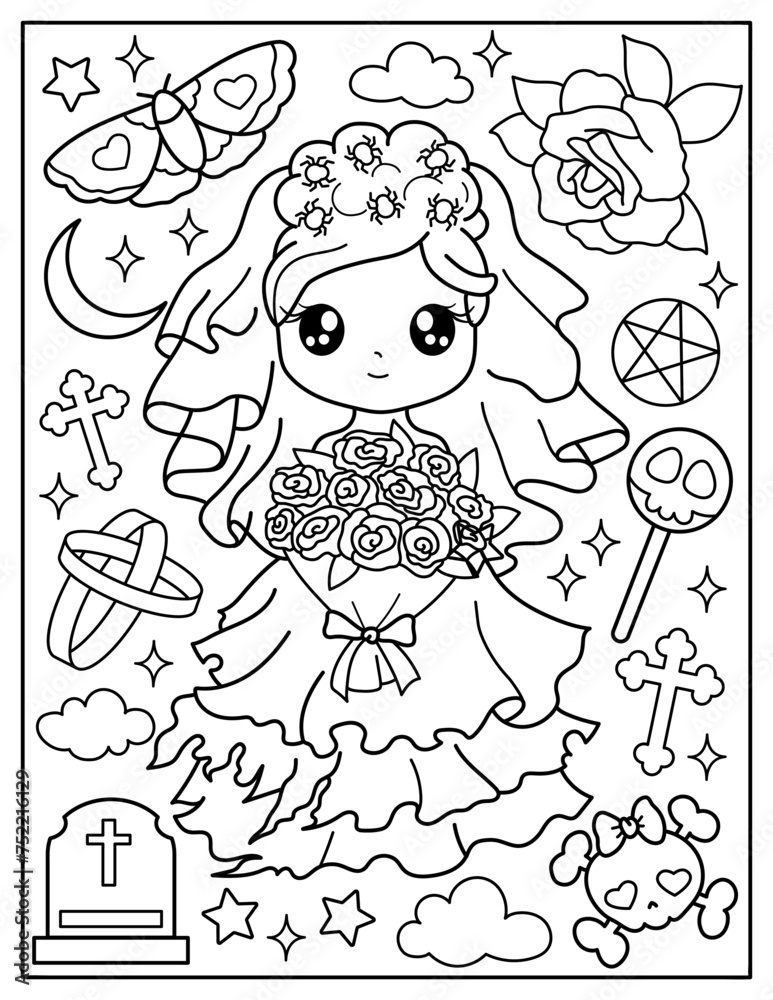 Chibi bride, corpse bride, wedding. Coloring book for children. Coloring book for adults. Halloween.