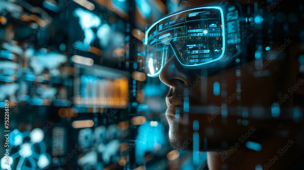 A man wearing virtual reality goggles is looking at a computer screen with a lot A man wearing virtual reality goggles is looking at a computer screen with a lot