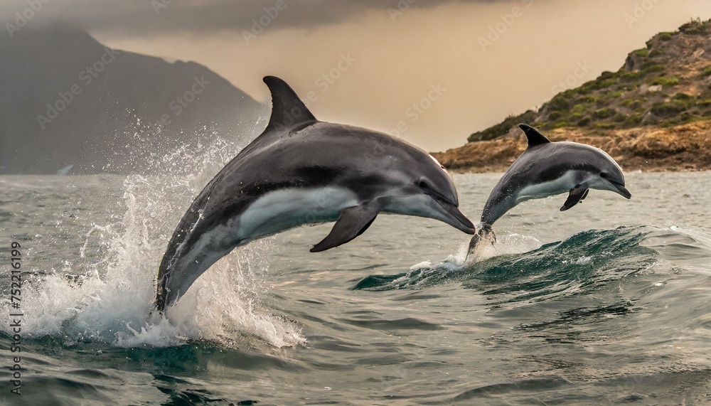 Fototapeta premium Several jumping dolphins in the water