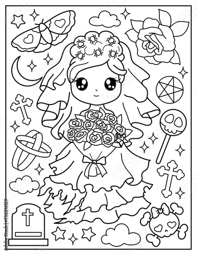 Chibi bride, corpse bride, wedding. Coloring book for children. Coloring book for adults. Halloween.