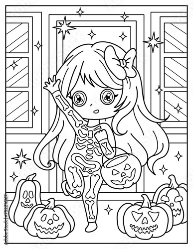 Cute chibi girl in a skeleton costume. Pumpkins. Coloring book for children. Coloring book for adults. Halloween.