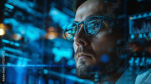 A man wearing glasses is looking at a computer screen with a blue background. Concept of focus and concentration as the man stares intently at the screen. The blue background adds a sense of depth