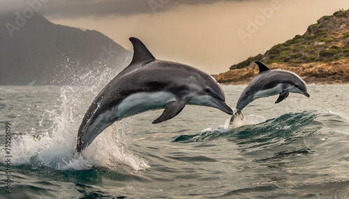 Several jumping dolphins in the water © melih 