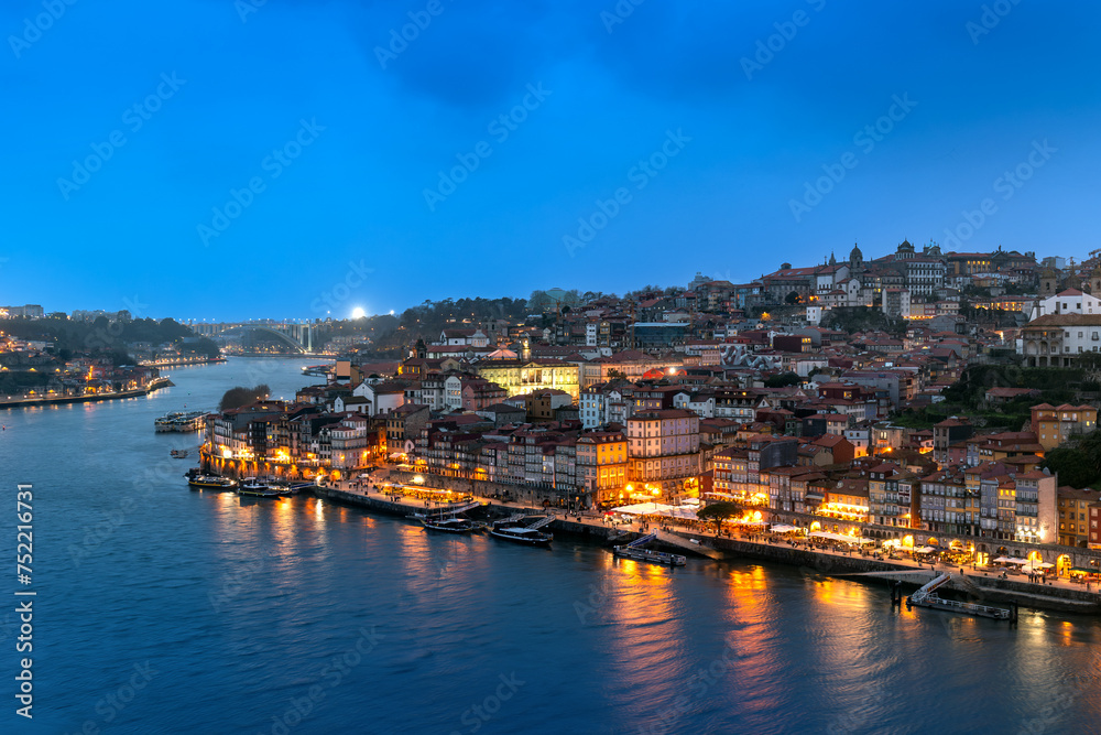Aerial panorama of illuminated Porto at night