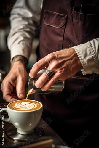 Barista pouring latte foam over coffee  espresso and creating a perfect latte art. Ai Generative