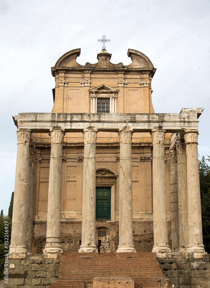 Facade of the ruins of the Temple of Antoninus and Faustina in the Roman Forum, Rome, Italy. It is an ancient temple which was converted into a Catholic church, the church of San Lorenzo in Miranda.