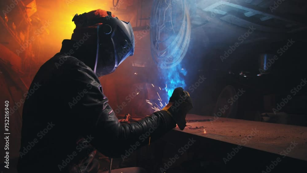 Young mechanic with a welding machine in an old dirty garage at night. Man in protection doing welding work, hobby Young mechanic with a welding machine in an old dirty garage at night. Man in protection doing welding work, hobby