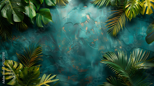 Minimalist backdrop adorned with lush tropical leaves  evoking a serene and exotic atmosphere
