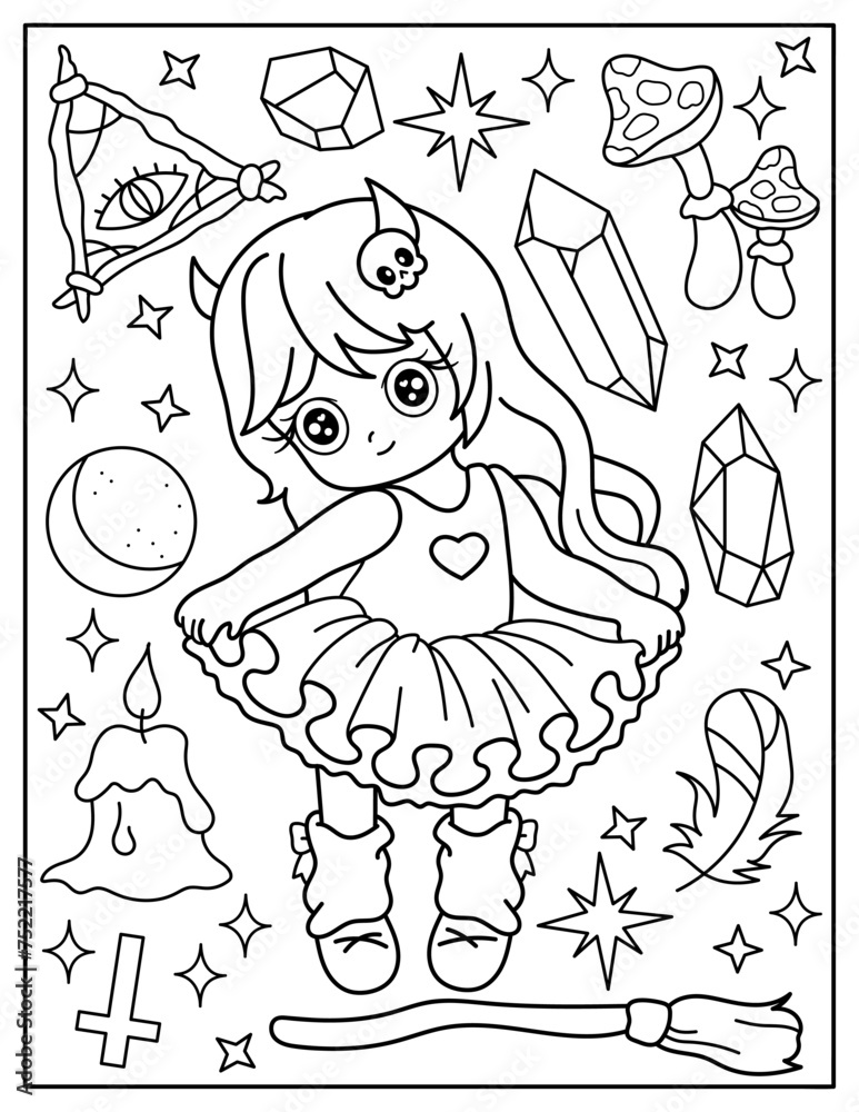 Cute chibi girl and Halloween set. Coloring book for children. Coloring book for adults. Halloween. Cute chibi girl and Halloween set. Coloring book for children. Coloring book for adults. Halloween.