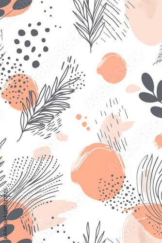 Peach and Grey Modern Botanical Illustration Pattern Background
