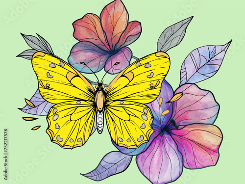 Color picture, flower with yellow butterfly. Vector, generative ai. © toricheks
