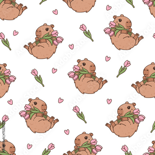 Seamless pattern with cute capybara and bouquet of tulip flowers and pink heart. Funny cartoon rodent character in kawaii style. Spring vector illustration on white background with animal