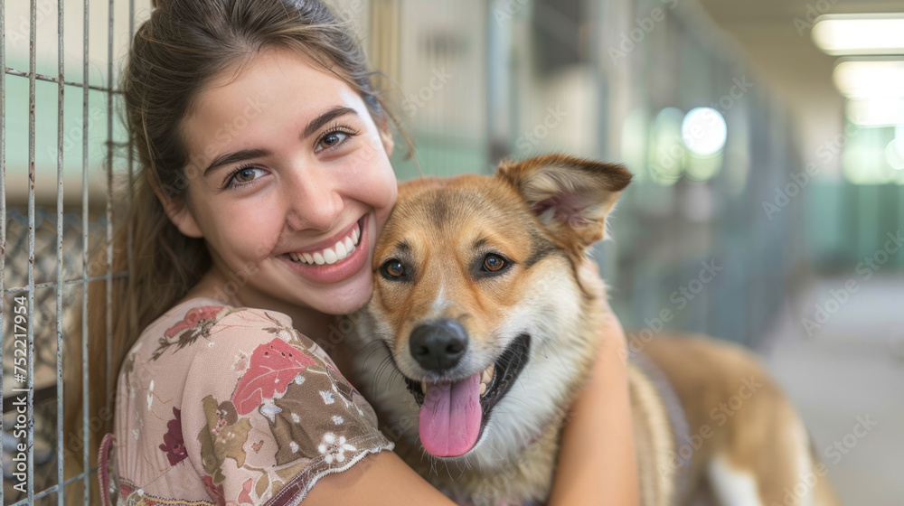 A happy female help adopt a dog from dog rescue shelter. A dog is happy.
A happy female help adopt a dog from dog rescue shelter. A dog is happy.