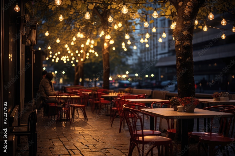 Street Cafe: Outdoor cafe tables with string lights overhead.