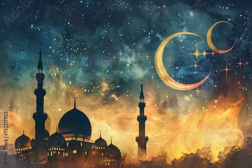 mosque in cool night with double crescent, illustration poster background or greeting card for ramadan, laylatul qard, ied
