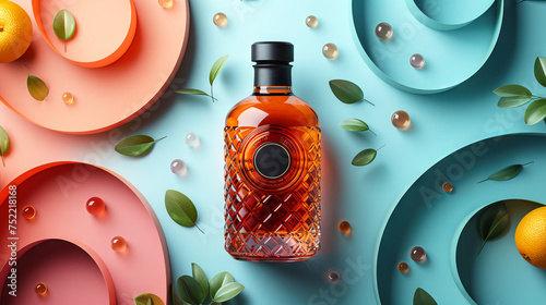 a bottle of amber alcoholic drink surrounded by fresh citrus fruits and berries on a light background.
Concept: context of gastronomy, beverage advertising, healthy lifestyle, cooking and festive even