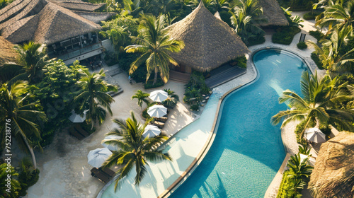 Aerial view of a beach resort with palm-thatched bungalow