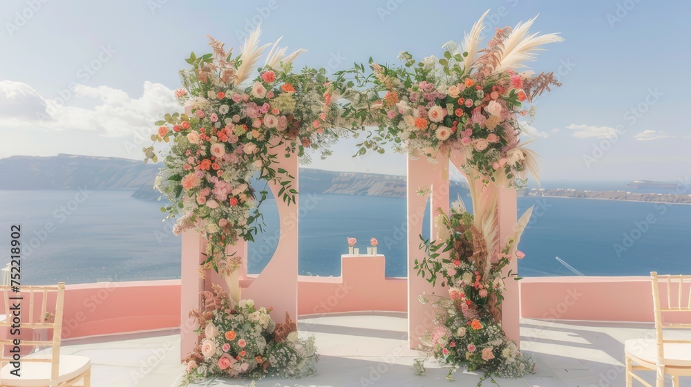 A scenic Santorini wedding backdrop in soft pastel pink, embellished with floral arrangements and decorative elements. A scenic Santorini wedding backdrop in soft pastel pink, embellished with floral arrangements and decorative elements.