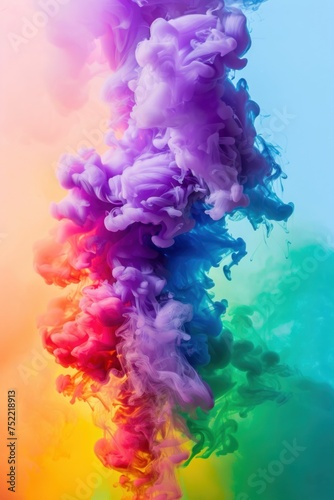 A mesmerizing display of colorful smoke blending in a gradient pattern, with purple, blue, green, yellow, and red hues