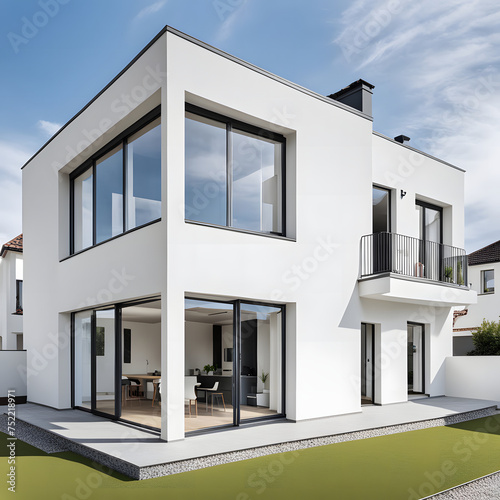 Using generative AI, visualize a contemporary architectural masterpiece, featuring a newly built detached house with pristine white walls, exuding elegance and modernity in every detail © Muhammad Ammar Khan