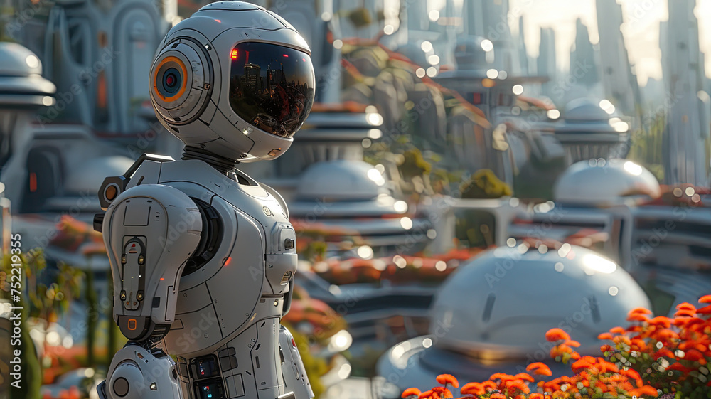 Fototapeta premium Robot Urban Sentinel with a blurred background with bokeh effect