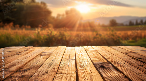 A wooden table top planks product display with a blurred background scene of farmland at sunset.
