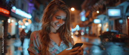A young woman smiles while looking at her smartphone, standing on a bustling city street at night, illuminated by the warm glow of streetlights and neon signs.