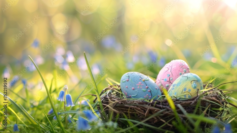 Easter eggs painted and arranged in a bird's nest, celebrating Happy Easter on a spring day amidst a green field and bright sunshine. Easter eggs painted and arranged in a bird's nest, celebrating Happy Easter on a spring day amidst a green field and bright sunshine.