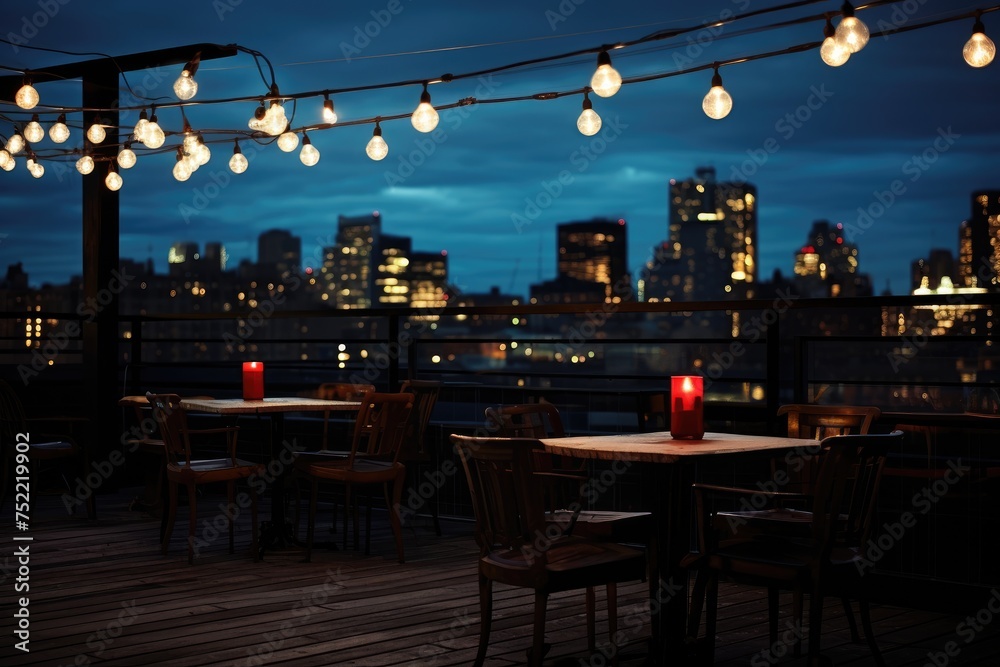 Rooftop Bar: City lights in the background of a rooftop setting.