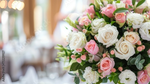 Elegant wedding decorations featuring a bouquet of white and pink flowers set in a bright restaurant.
