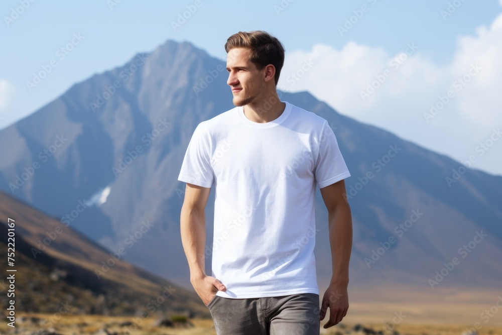Naklejka premium White blank t shirt mock up. Men mountains background
