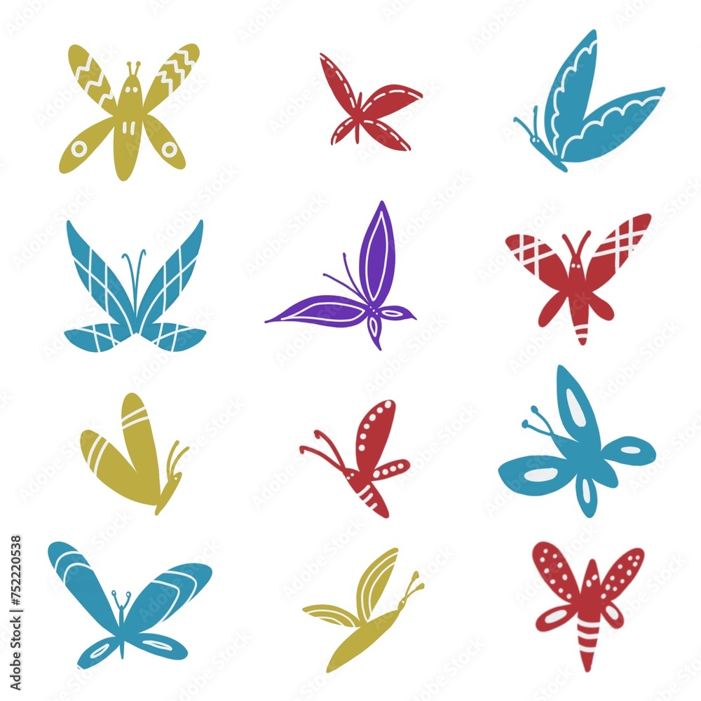Hand-drawn Set Of Butterflies on white. Purple, yellow and red cute butterflies Hand-drawn Set Of Butterflies on white. Purple, yellow and red cute butterflies