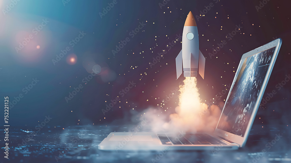 Naklejka premium Rocket emerging from laptop screen symbolizing innovation and creativity, background.