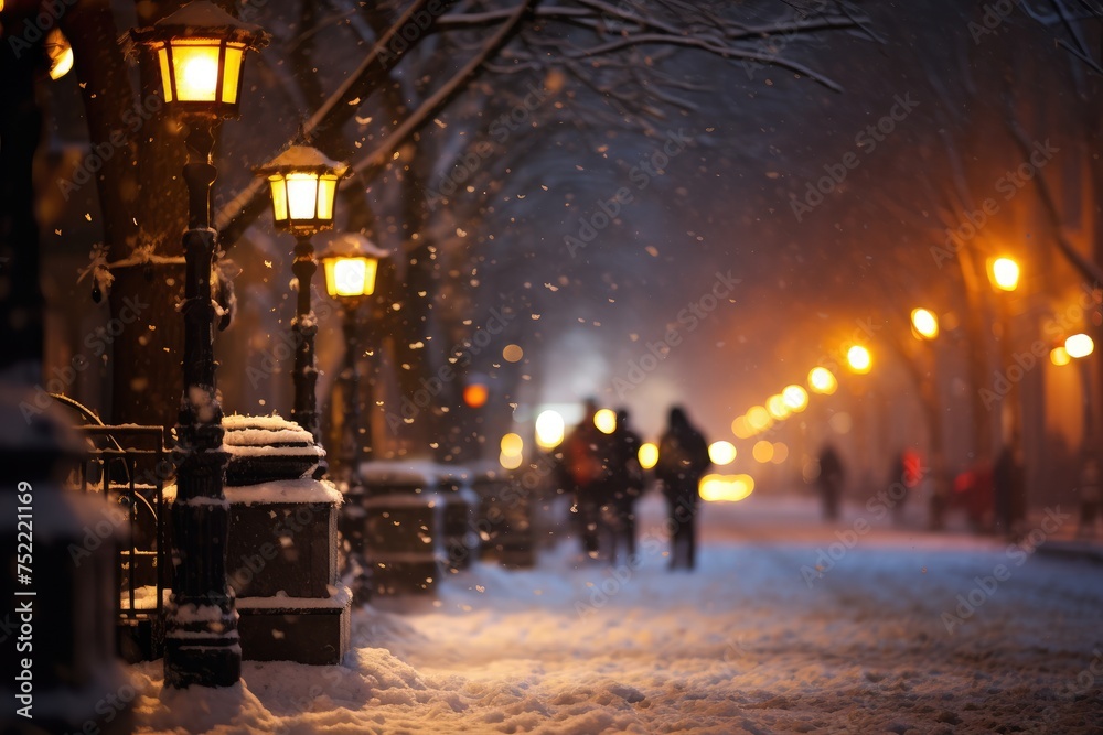 Snowy Evening Street: Bokeh lights reflecting on snow-covered streets.