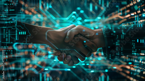 
Interacting with a virtual partner against a futuristic backdrop. Exploring artificial intelligence and machine learning in the era of the fourth industrial revolution.