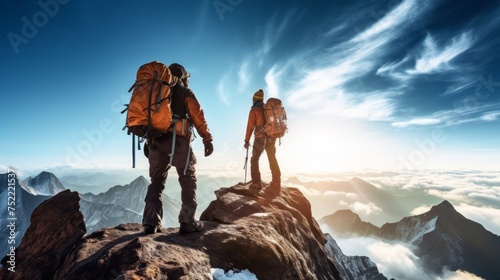 Rear view of two climbers with backpacks on top of a misty cliff, Mountains against a blue sky. Mountaineering, Scenic Landscape, Extreme sports, Hiking, Travel, Active healthy lifestyle concept.