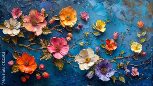 Branch with colorful flowers on a blue background oil painting