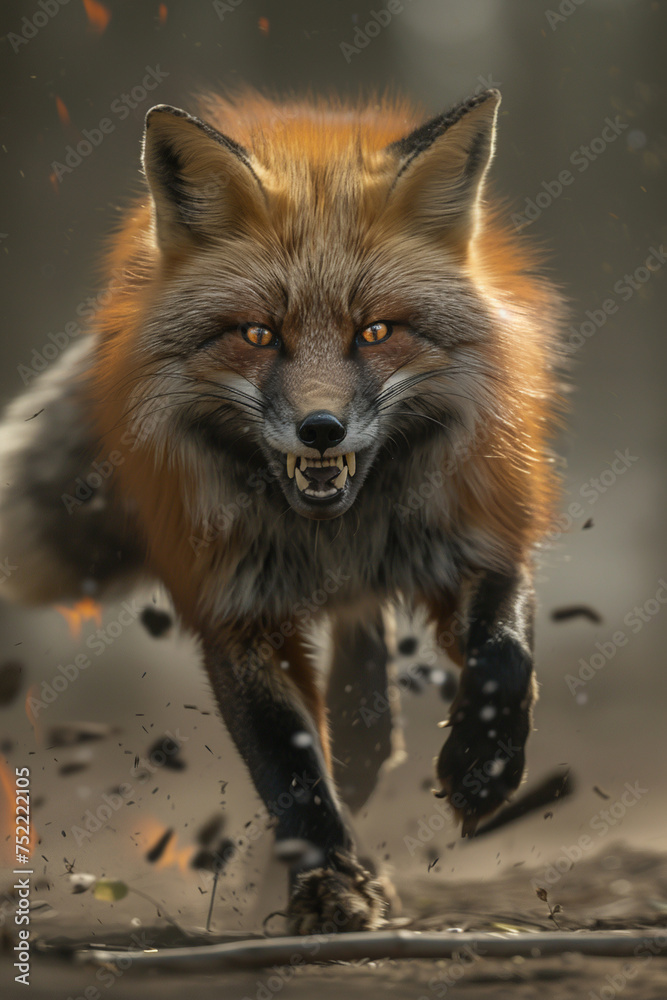 Fototapeta premium A fox runs away from a forest fire. Close up