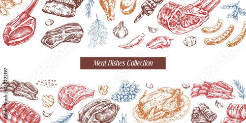 Meat and vegetables menu template in engraved vintage style. Hand-drawn colored sketches of barbecue meat pieces with herbs and seasonings. Background for meat restaurant..