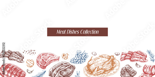 Meat and vegetables menu template in engraved vintage style. Hand-drawn colored sketches of barbecue meat pieces with herbs and seasonings. Background for meat restaurant..