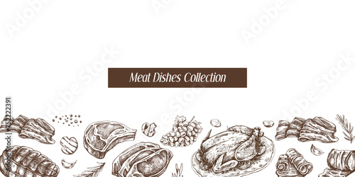 Meat and vegetables menu template in engraved vintage style. Hand-drawn sketches of barbecue meat pieces with herbs and seasonings. Background for meat restaurant..