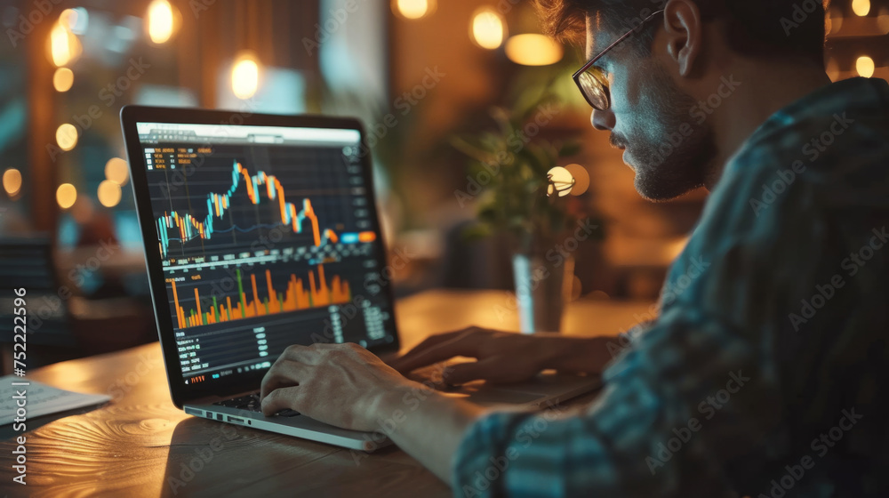 A focused individual studies complex financial charts on a laptop screen in a dimly lit room, suggesting analysis of market trends or stock investment.