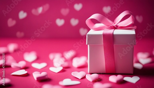 A small white gift box with a pink ribbon sits atop a bouquet of paper hearts on a red background, radiating love and thoughtfulness.