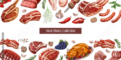 Meat and vegetables menu template in engraved vintage style. Hand-drawn colored sketches of barbecue meat pieces with herbs and seasonings. Background for meat restaurant..