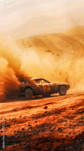 A rally car drifting through a sandy desert, kicking up a cloud of dust, mobile phone wallpaper or advertising background © VicenSanh
