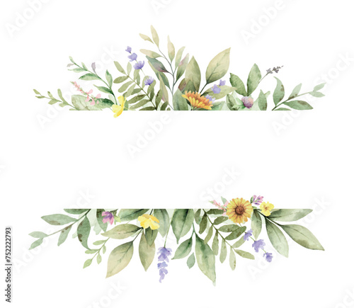 Watercolor vector wild flower border banner. Spring, summer garden. Design fo...
