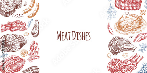 Meat and vegetables menu template in engraved vintage style. Hand-drawn colored sketches of barbecue meat pieces with herbs and seasonings. Background for meat restaurant..