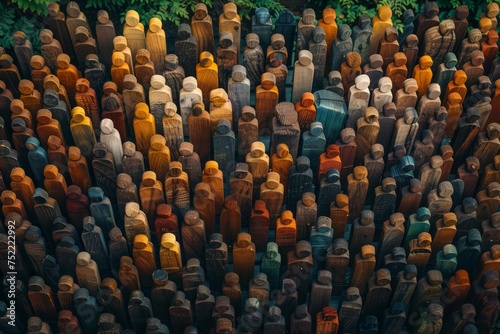 The image depicts numerous multi-colored carved figurines shot from above, symbolizing diversity and individualism within society
