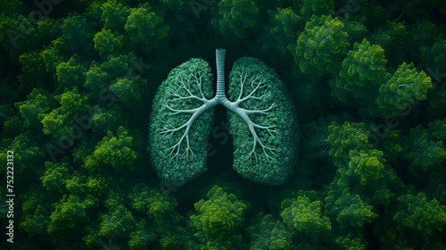 "Human lungs superimposed on forest canopy. Environmental and respiratory health concept for design, Forest rainforest aerial view shape of lungs human lungs respiratory system