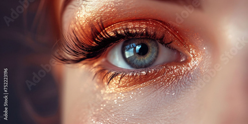 An intense eye with red glitter makeup under sunlight, reflecting a bold and creative look. Suited for artistic fashion editorials
